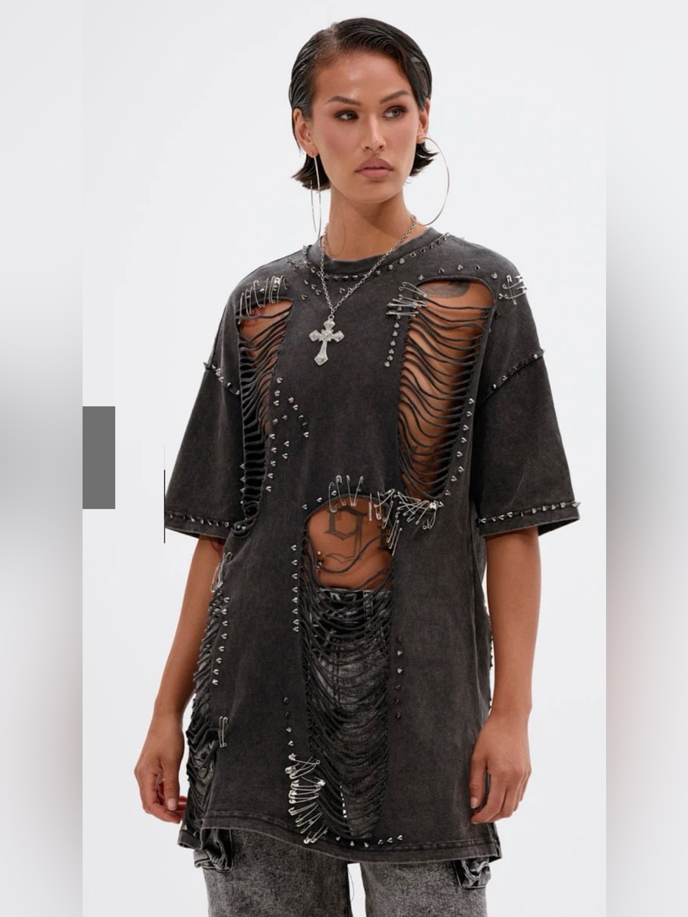 Black Distressed Safety-Pin Accent Tee Size S